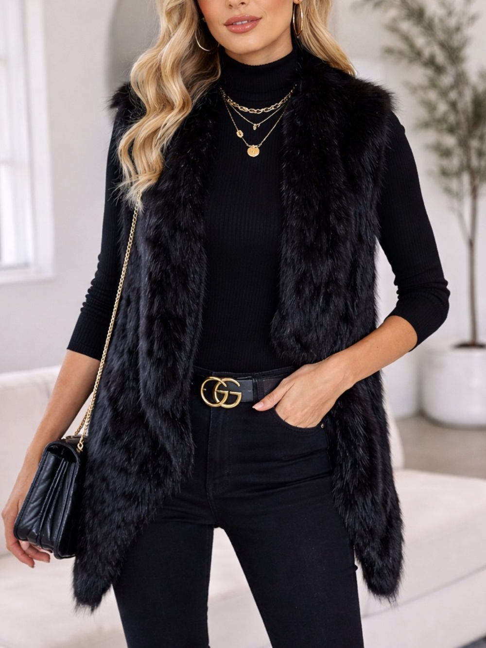 CATHERINE MALANDRINO sz.S draped rabbit fur black high-low vest like new
